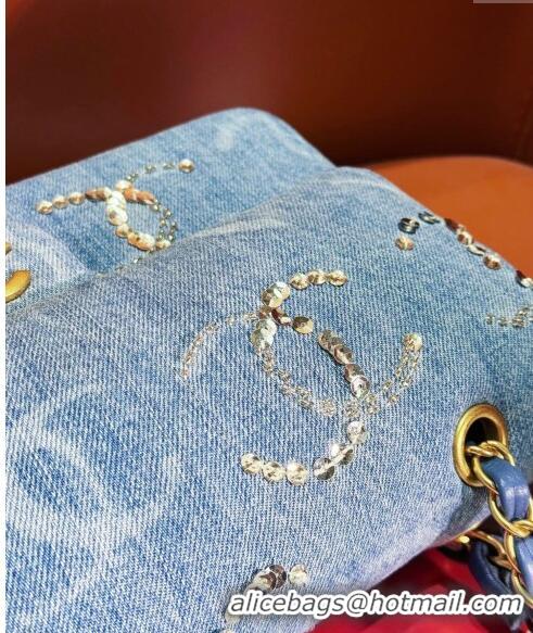 Promotional Chanel Classic Medium Flap Bag in Sequins Embroidered Denim A01112 Blue