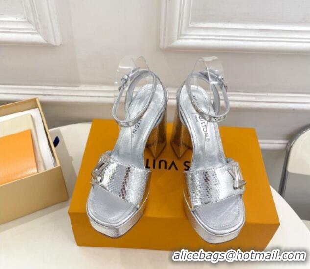 Best Price Louis Vuitton Shake Platform Sandals 12cm in Snakeskin Embossed Leather Silver 606111