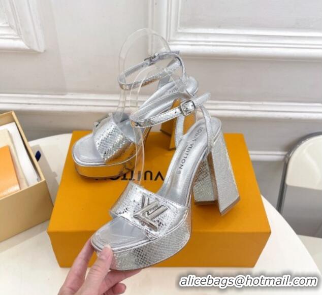 Best Price Louis Vuitton Shake Platform Sandals 12cm in Snakeskin Embossed Leather Silver 606111