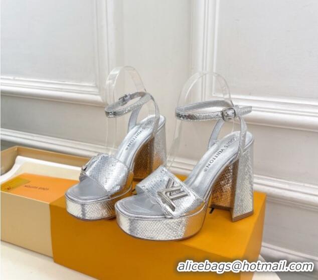 Best Price Louis Vuitton Shake Platform Sandals 12cm in Snakeskin Embossed Leather Silver 606111