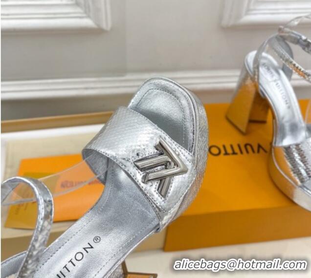 Best Price Louis Vuitton Shake Platform Sandals 12cm in Snakeskin Embossed Leather Silver 606111