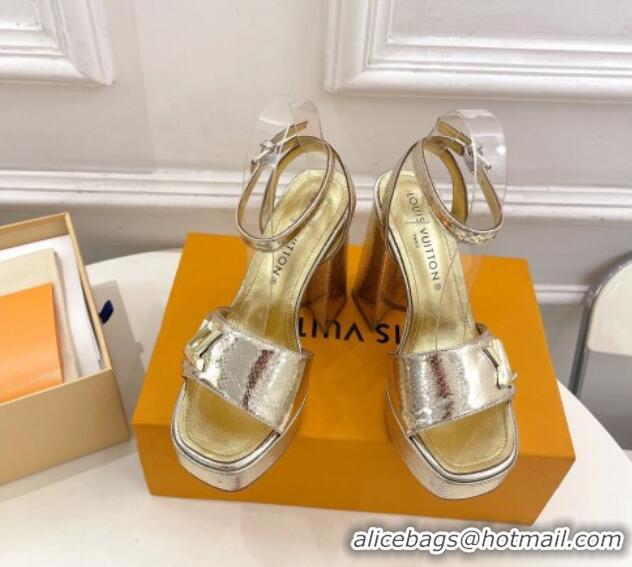 Good Quality Louis Vuitton Shake Platform Sandals 12cm in Snakeskin Embossed Leather Gold 606112