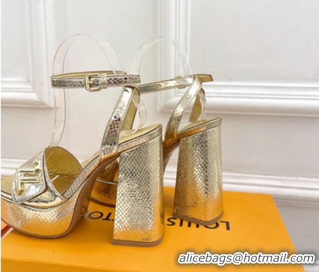 Good Quality Louis Vuitton Shake Platform Sandals 12cm in Snakeskin Embossed Leather Gold 606112