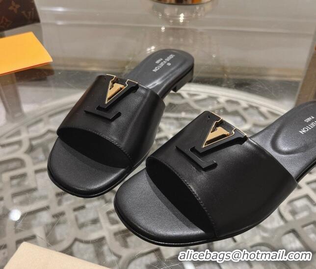 Grade Quality Louis Vuitton LV Capri Flat Slide Sandals in Calf Leather Black 606114