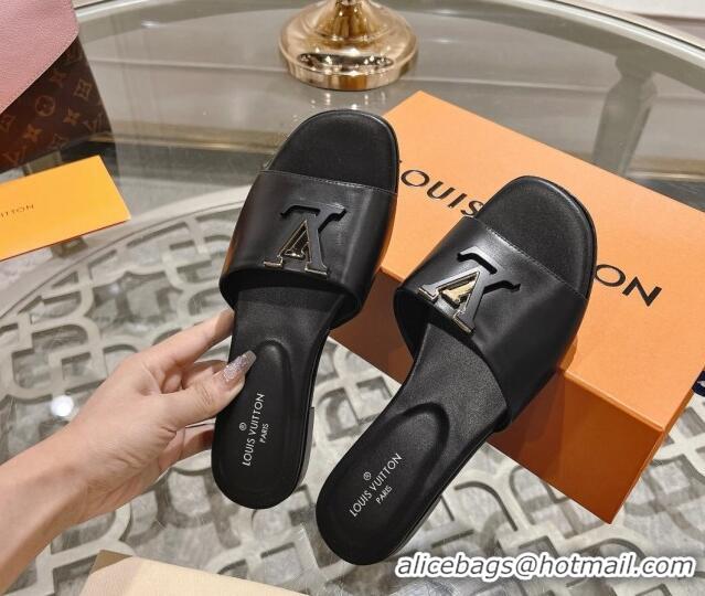 Grade Quality Louis Vuitton LV Capri Flat Slide Sandals in Calf Leather Black 606114