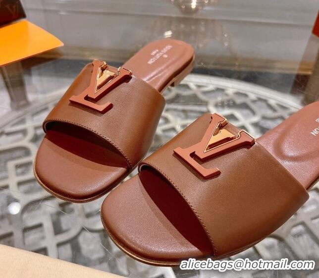 Top Grade Louis Vuitton LV Capri Flat Slide Sandals in Calf Leather Brown 606115