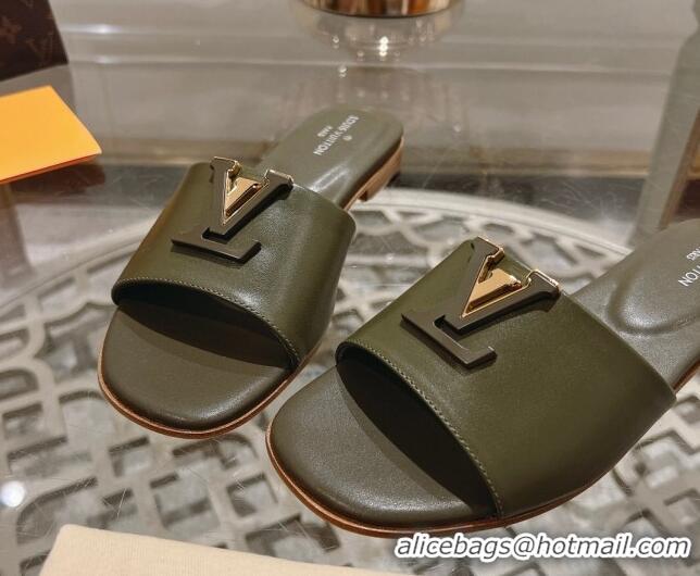 Low Cost Louis Vuitton LV Capri Flat Slide Sandals in Calf Leather Green 606117