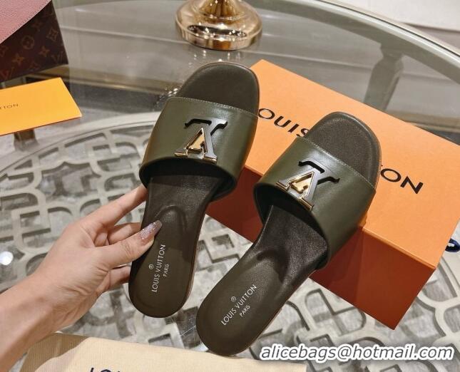 Low Cost Louis Vuitton LV Capri Flat Slide Sandals in Calf Leather Green 606117