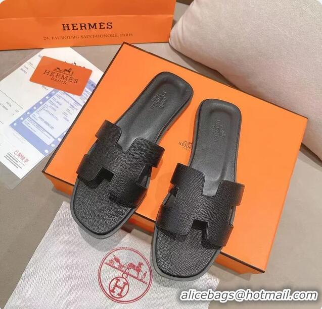 ​Buy Discount Hermes Oran Flat Slide Sandals In Epsom Leather HS8412 All Black