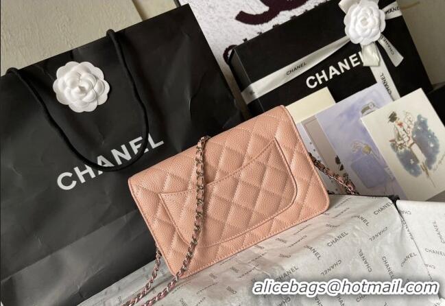 Buy Cheap Chanel Grained Calfskin Classic Wallet on Chain WOC AS7017 Silver/Nude Pink 2024