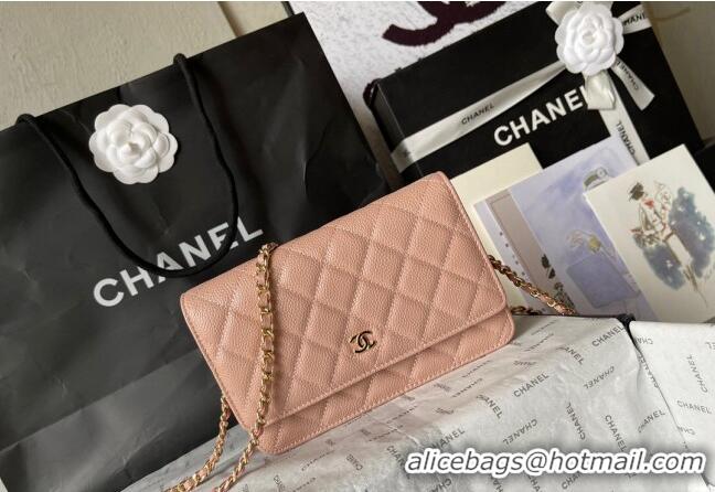 Low Cost Chanel Grained Calfskin Classic Wallet on Chain WOC AS7017 Gold/Nude Pink 2024