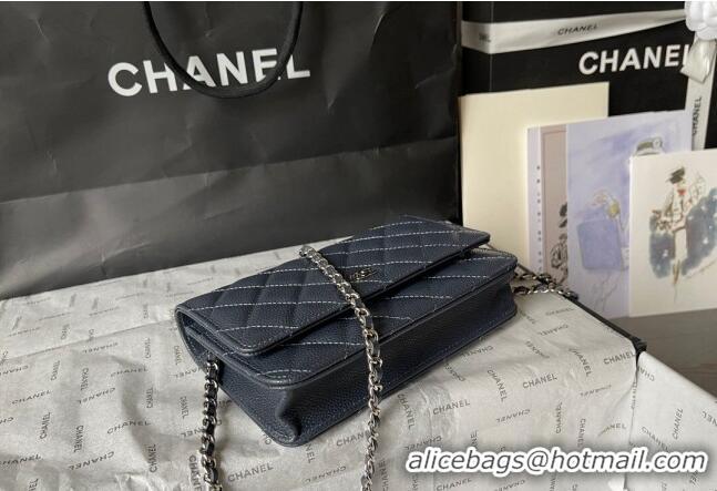 Buy Cheap Chanel Grained Calfskin Classic Wallet on Chain WOC AS7017 Silver/Dark Blue 2024