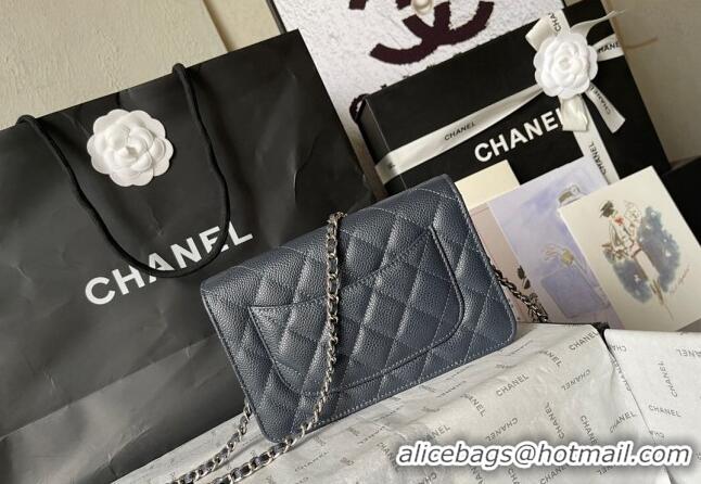 Buy Cheap Chanel Grained Calfskin Classic Wallet on Chain WOC AS7017 Silver/Dark Blue 2024