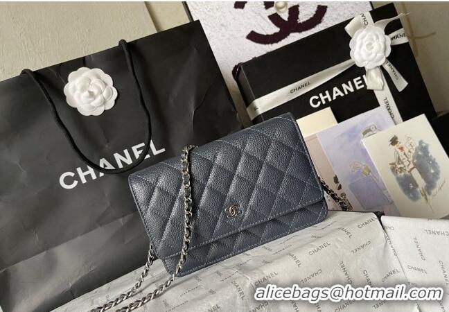 Buy Cheap Chanel Grained Calfskin Classic Wallet on Chain WOC AS7017 Silver/Dark Blue 2024