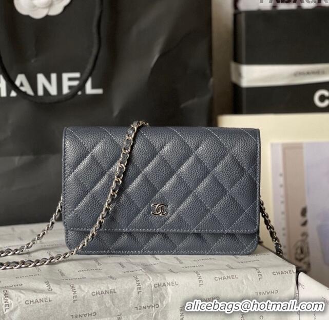 Buy Cheap Chanel Grained Calfskin Classic Wallet on Chain WOC AS7017 Silver/Dark Blue 2024