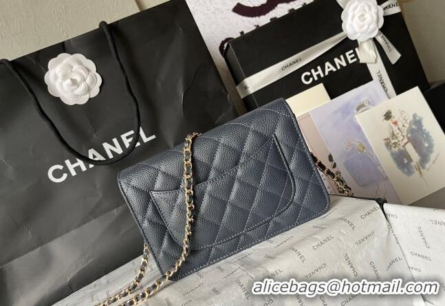 Top Quality Chanel Grained Calfskin Classic Wallet on Chain WOC AS7017 Gold/Dark Blue 2024