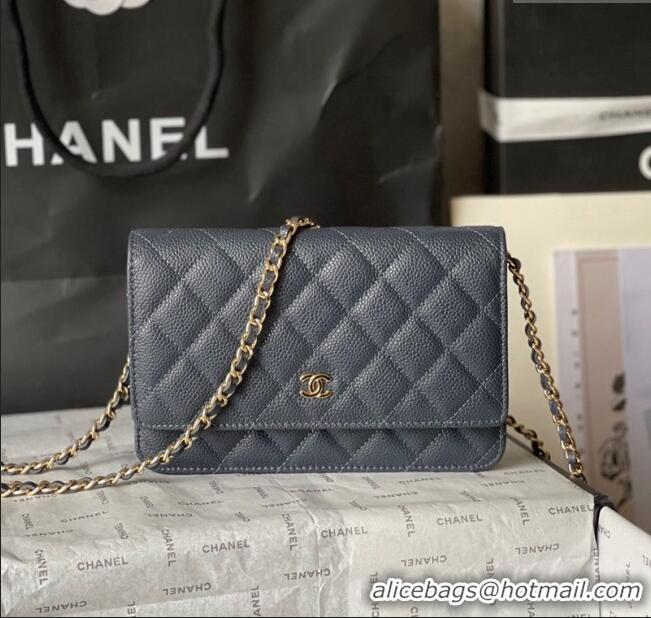 Top Quality Chanel Grained Calfskin Classic Wallet on Chain WOC AS7017 Gold/Dark Blue 2024