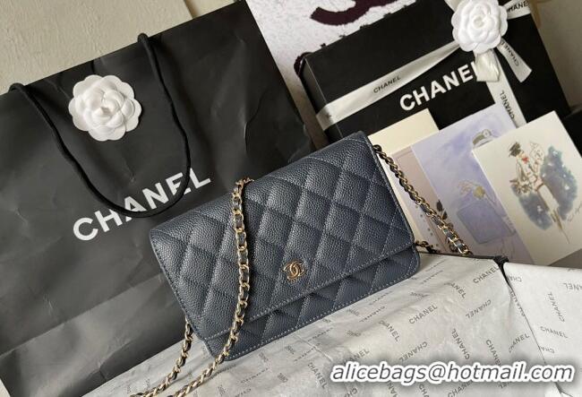 Top Quality Chanel Grained Calfskin Classic Wallet on Chain WOC AS7017 Gold/Dark Blue 2024