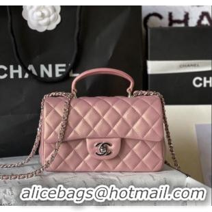 Top Quality Chanel Lambskin Mini Flap Bag with Top Handle AS2431 Iridescent Pink 2024