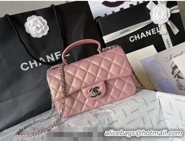 Top Quality Chanel Lambskin Mini Flap Bag with Top Handle AS2431 Iridescent Pink 2024