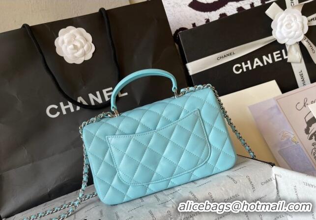 Top Quality Chanel Lambskin Mini Flap Bag with Top Handle AS2431 Light Blue 2024