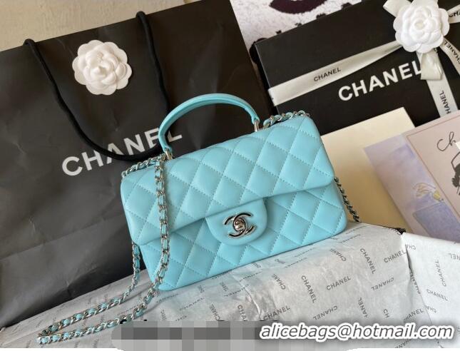 Top Quality Chanel Lambskin Mini Flap Bag with Top Handle AS2431 Light Blue 2024