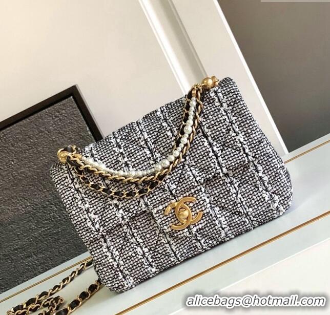 Famous Brand Chanel Tweed Small Flap Bag with Chain and Pearls AS4384 Black/White 2024