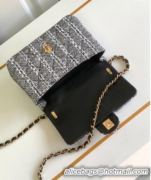 Famous Brand Chanel Tweed Small Flap Bag with Chain and Pearls AS4384 Black/White 2024