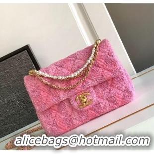 Grade Cheap Chanel Tweed Small Flap Bag with Chain and Pearls AS4384 Pink 2024