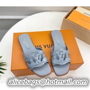 Good Quality Louis Vuitton LV Isola Flat Slides Sandal in Embossed Leather Light Blue 606129