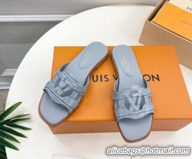 Good Quality Louis Vuitton LV Isola Flat Slides Sandal in Embossed Leather Light Blue 606129