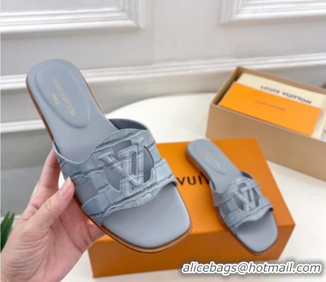 Good Quality Louis Vuitton LV Isola Flat Slides Sandal in Embossed Leather Light Blue 606129