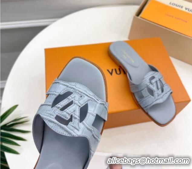 Good Quality Louis Vuitton LV Isola Flat Slides Sandal in Embossed Leather Light Blue 606129