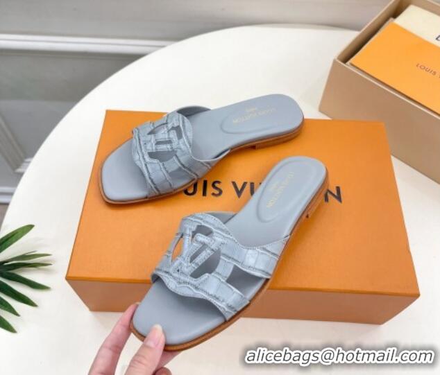 Good Quality Louis Vuitton LV Isola Flat Slides Sandal in Embossed Leather Light Blue 606129