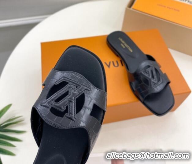 Purchase Louis Vuitton LV Isola Flat Slides Sandal in Embossed Leather Black 606132