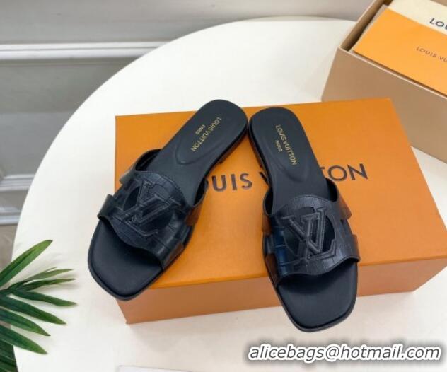 Purchase Louis Vuitton LV Isola Flat Slides Sandal in Embossed Leather Black 606132