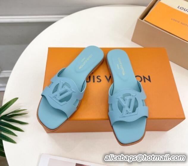 Low Price Louis Vuitton LV Isola Flat Slides Sandal in Calf Leather Light Blue 606134