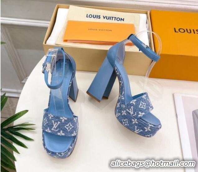 Charming Louis Vuitton Fame Heel Platform Sandal 12cm in Monogram Jacquard Light Blue 606138