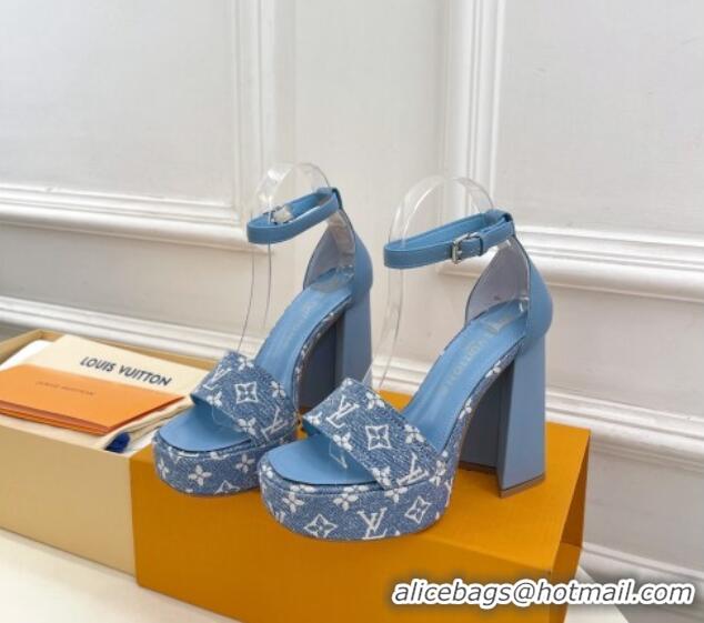 Charming Louis Vuitton Fame Heel Platform Sandal 12cm in Monogram Jacquard Light Blue 606138