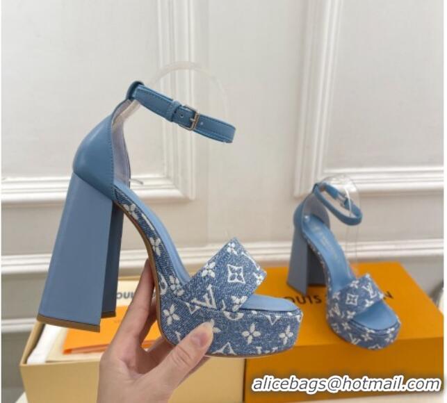 Charming Louis Vuitton Fame Heel Platform Sandal 12cm in Monogram Jacquard Light Blue 606138