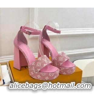 Sumptuous Louis Vuitton Fame Heel Platform Sandal 12cm in Monogram Jacquard Pink 606139