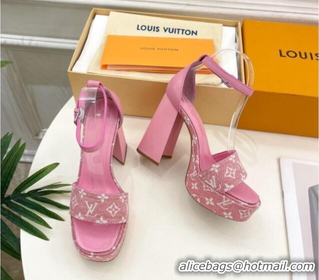 Sumptuous Louis Vuitton Fame Heel Platform Sandal 12cm in Monogram Jacquard Pink 606139