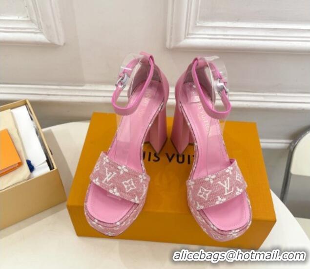 Sumptuous Louis Vuitton Fame Heel Platform Sandal 12cm in Monogram Jacquard Pink 606139