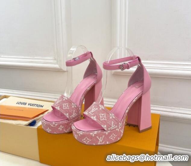 Sumptuous Louis Vuitton Fame Heel Platform Sandal 12cm in Monogram Jacquard Pink 606139