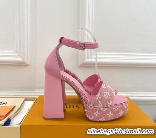 Sumptuous Louis Vuitton Fame Heel Platform Sandal 12cm in Monogram Jacquard Pink 606139