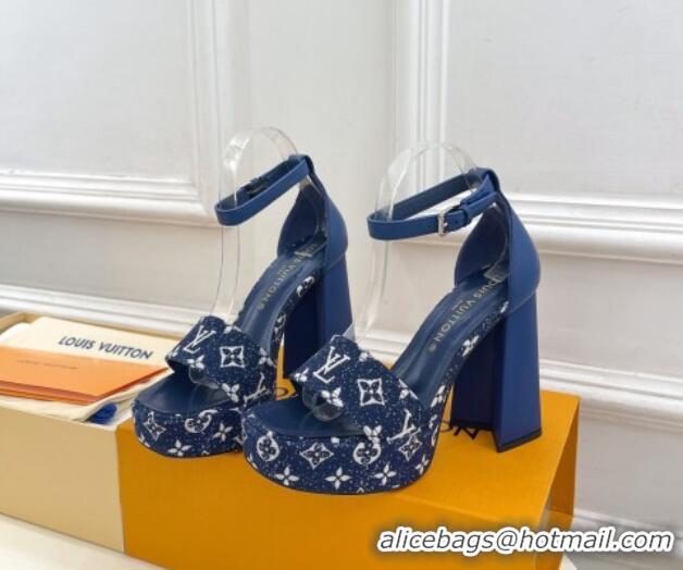 Big Discount Louis Vuitton Fame Heel Platform Sandal 12cm in Monogram Jacquard Navy Blue 606140