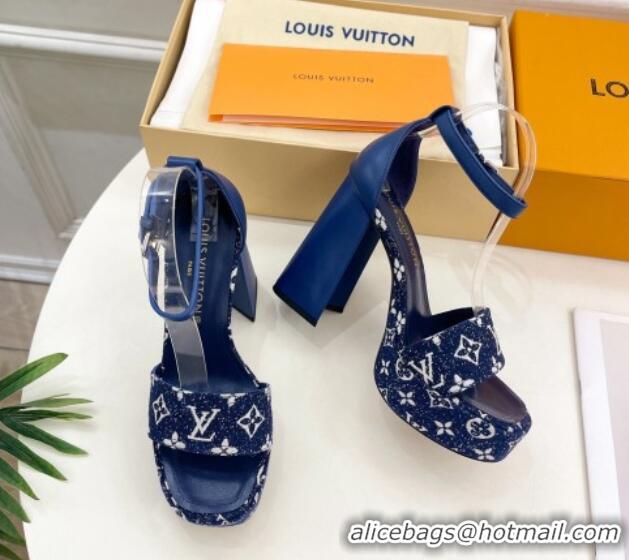 Big Discount Louis Vuitton Fame Heel Platform Sandal 12cm in Monogram Jacquard Navy Blue 606140