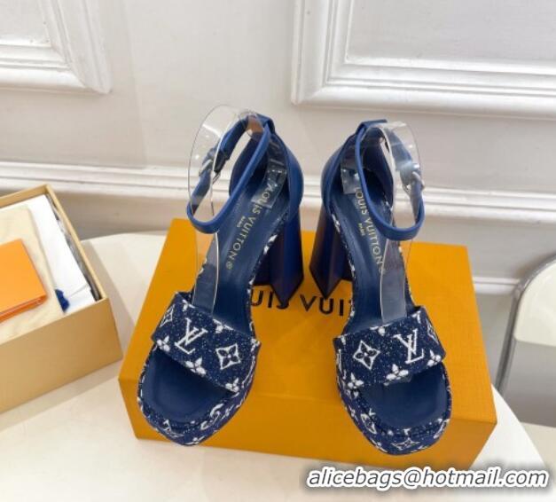 Big Discount Louis Vuitton Fame Heel Platform Sandal 12cm in Monogram Jacquard Navy Blue 606140