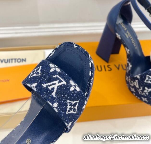 Big Discount Louis Vuitton Fame Heel Platform Sandal 12cm in Monogram Jacquard Navy Blue 606140