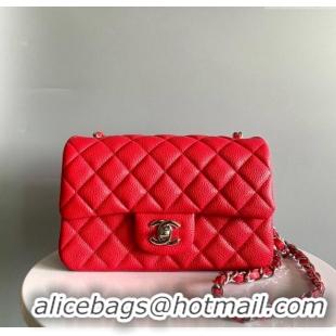 Spot Bulk Chanel Grained Calfskin Classic Mini Flap Bag A01116 Red/Silver 2024